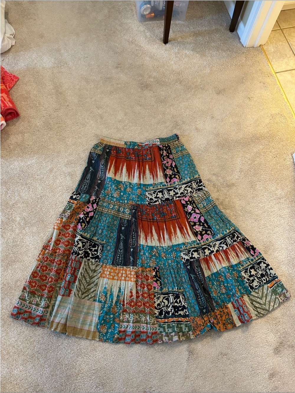 Bohemian Patchwork Maxi Skirt in Teal and Rust